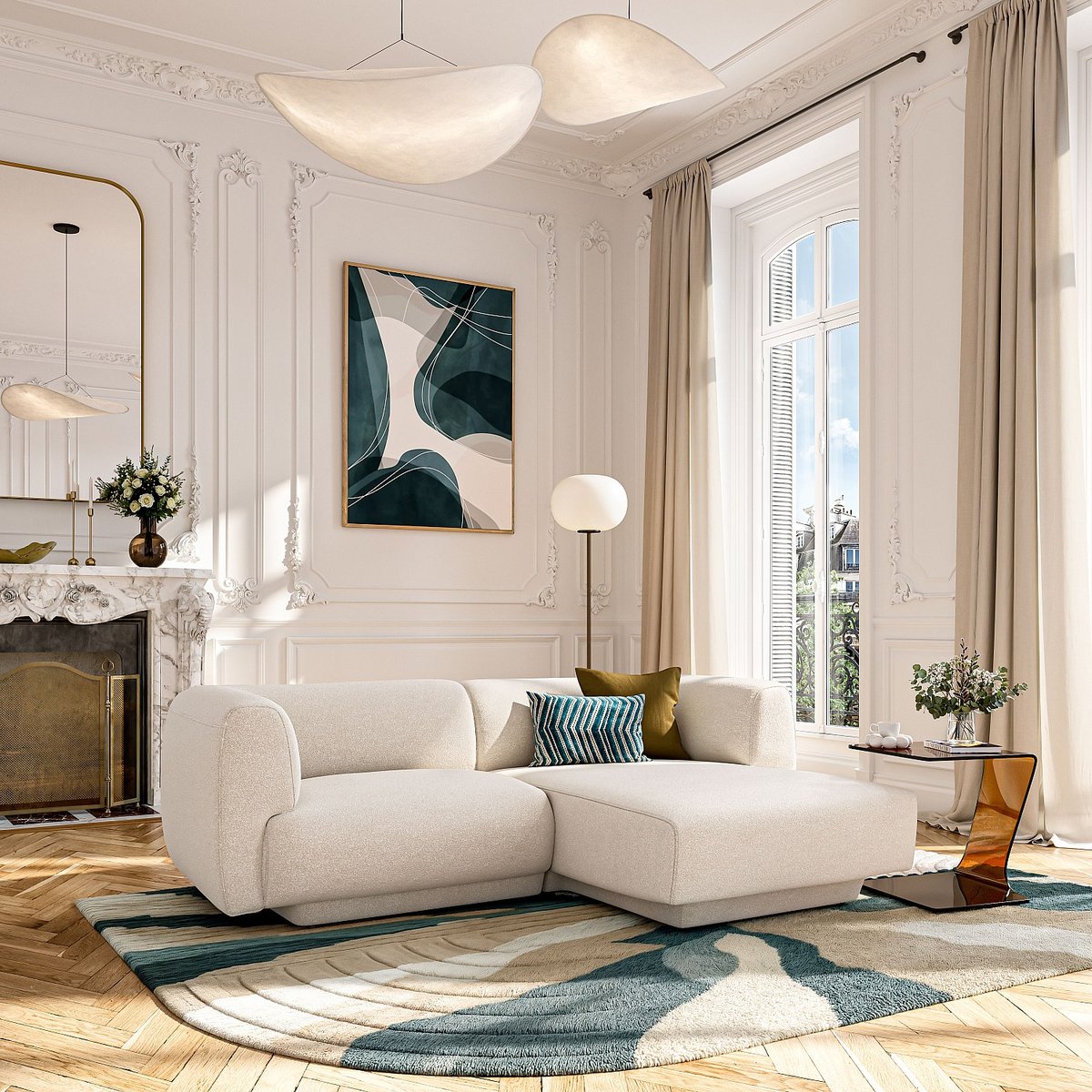 Canapé d'angle droit en tissu texturé AUSTIN beige, HABITAT