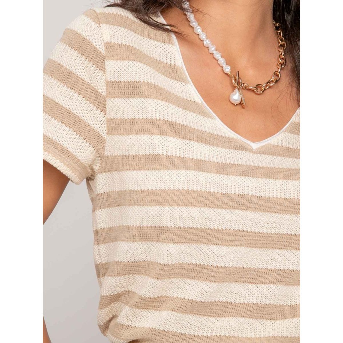 T-shirt Manches Courtes Rayures Figo beige, DONA LISA