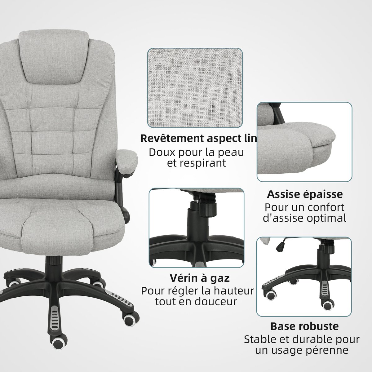 Fauteuil de bureau avec fonction massage gris clair, HOMCOM