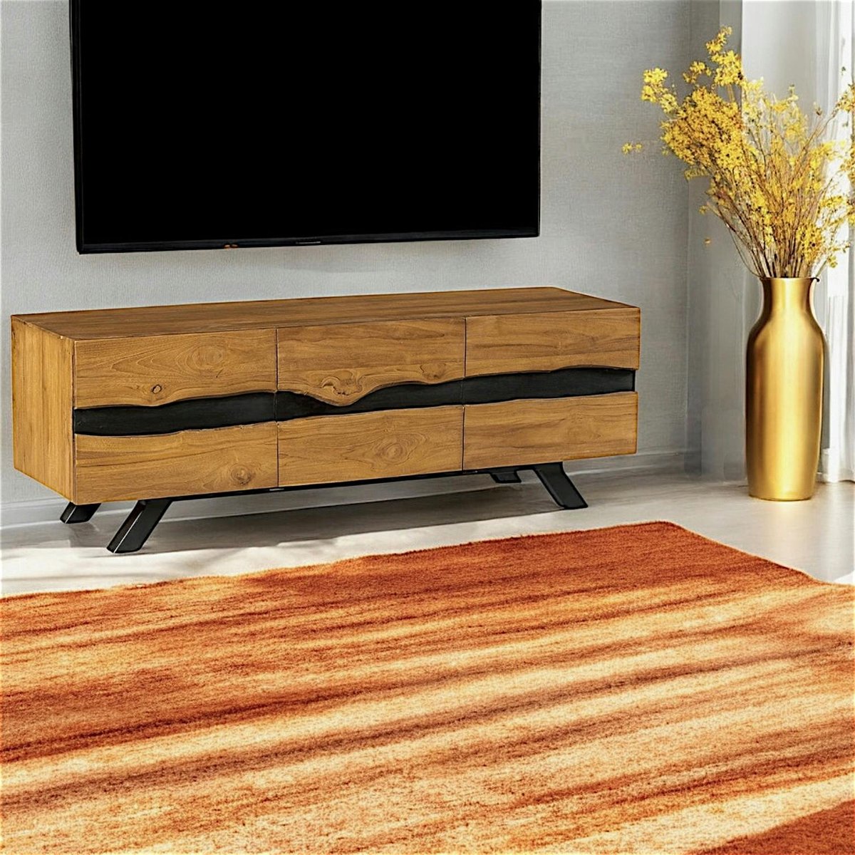 Meuble TV contemporain bois recyclé de teck et bandeau noir laqué 3 portes style moderne 160 cm BARBADE bois naturel, PIER IMPORT