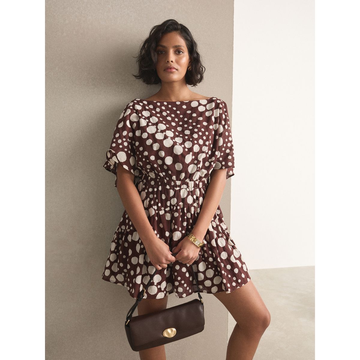 Mini robe cintrée à manches kimono pois marron chocolat, NEXT