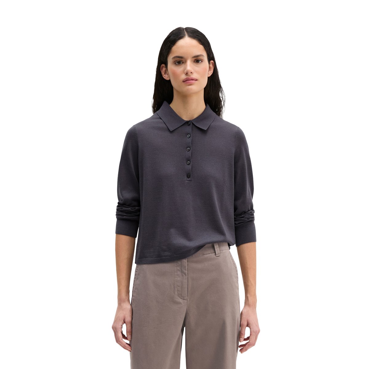 Polo en maille fine regular en noble mélange de laine mérinos et de viscose gris foncé, MARC O'POLO