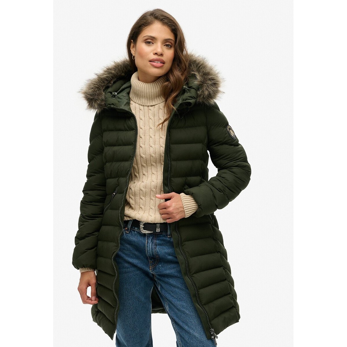 Doudoune mi-longue à capuche Fuji  vert foncé, SUPERDRY