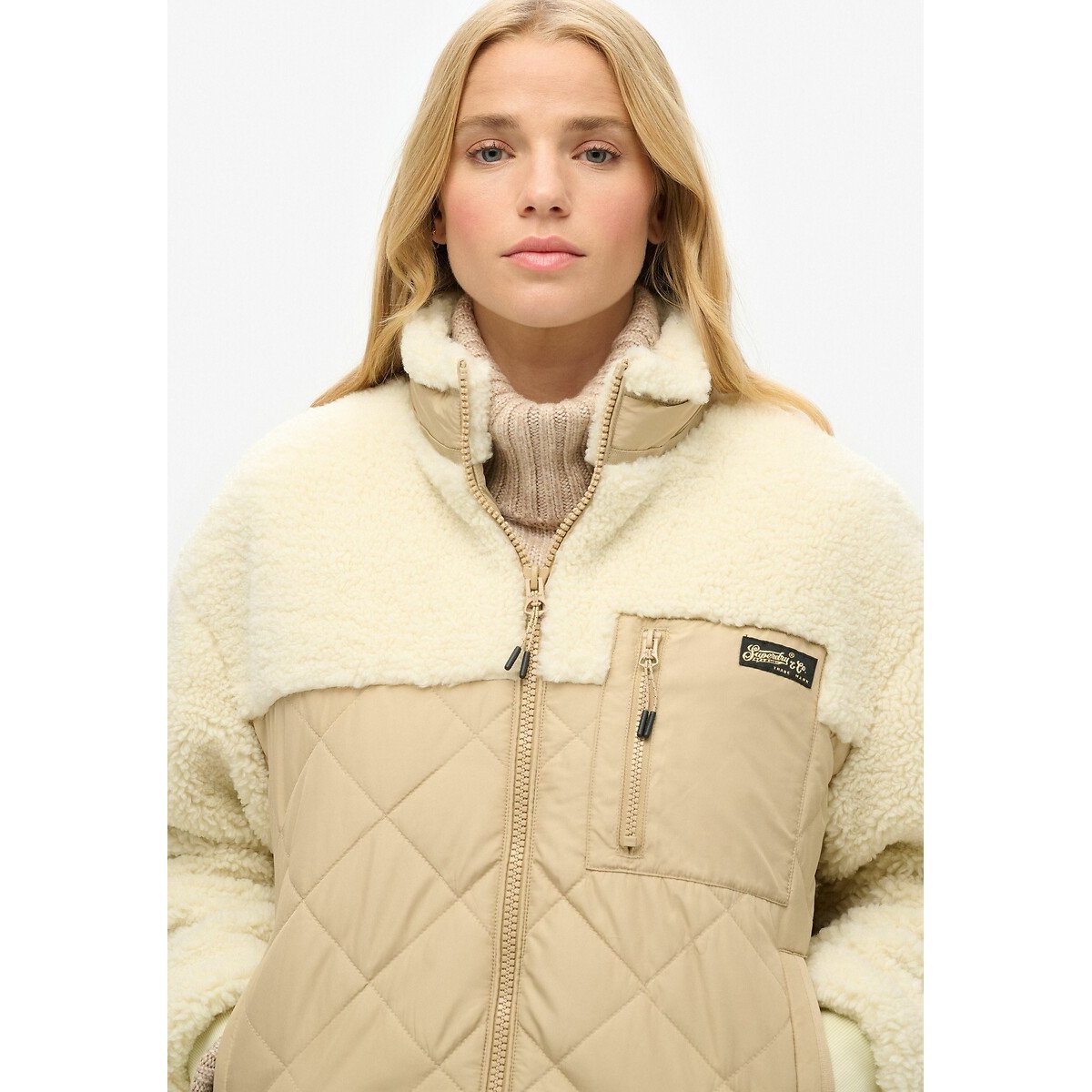 Veste hybride en sherpa Workwear crème, SUPERDRY