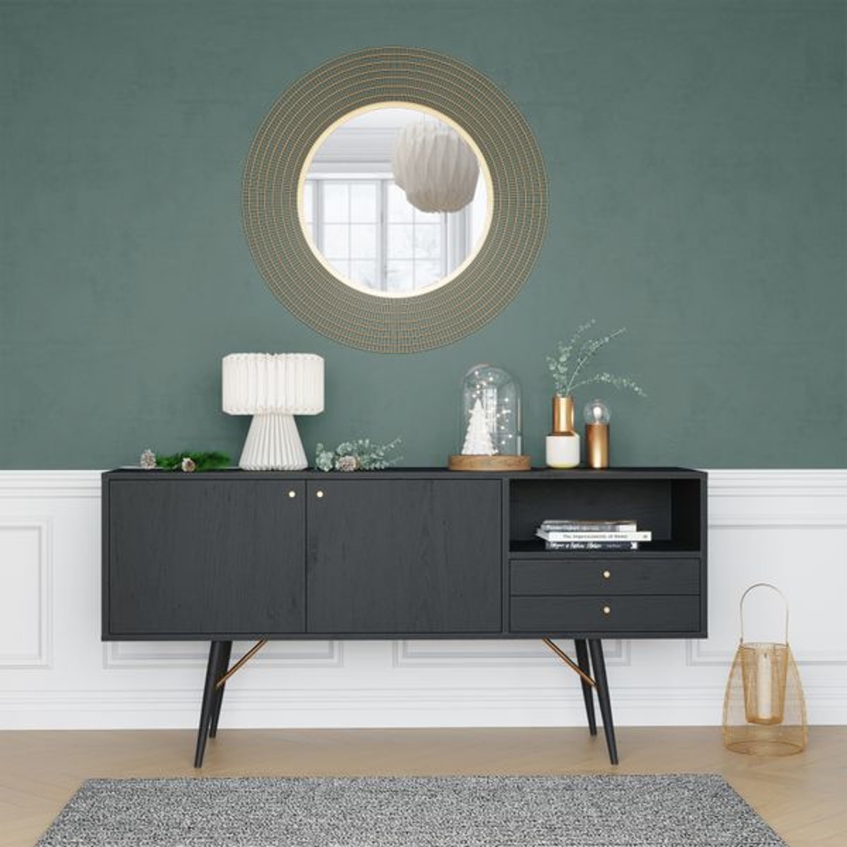 Meuble bas 2 portes, 2 tiroirs, 1 niche noir carbone, ZAGO