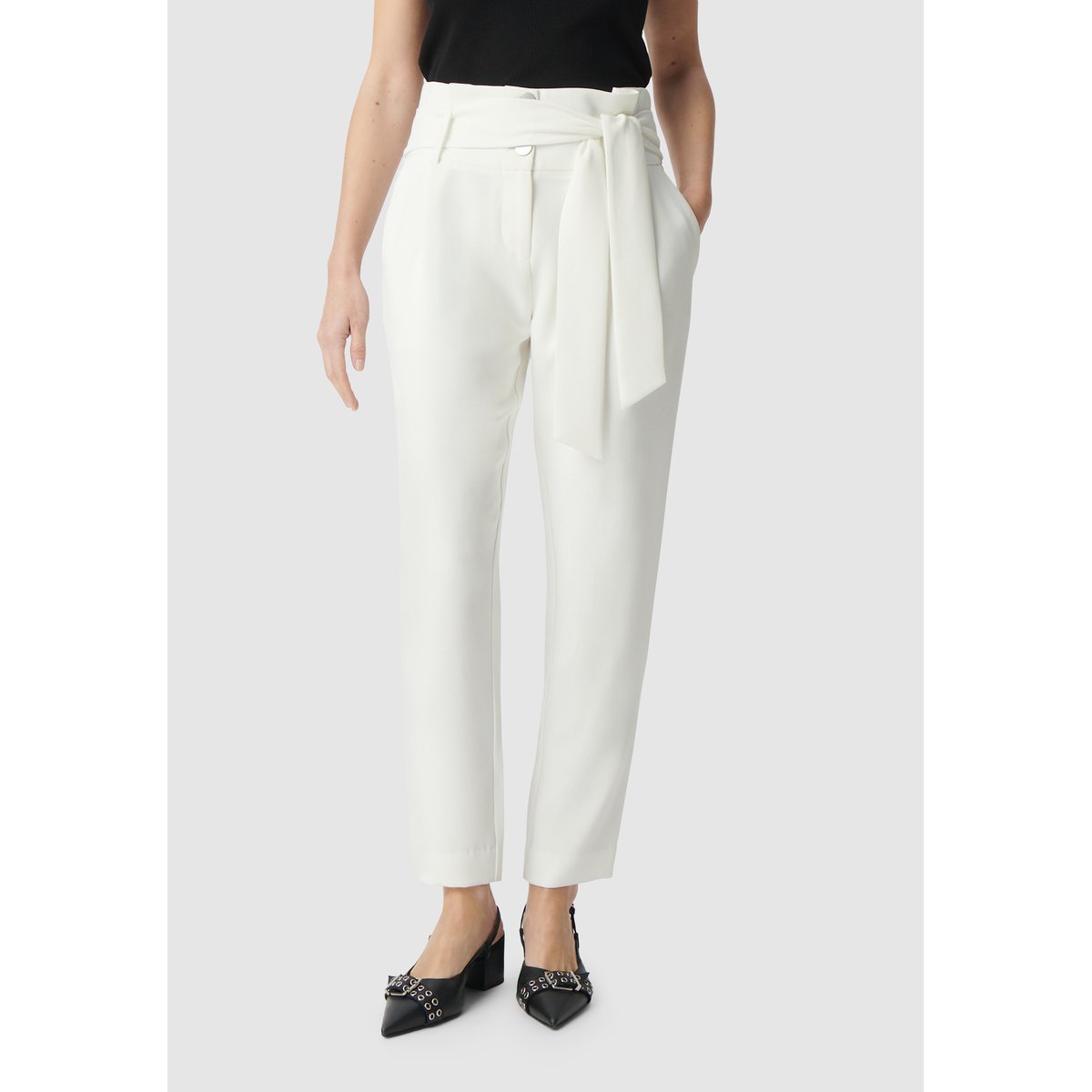 Pantalon droit recyclé taille haute ceinturée blanc cassé, IKKS