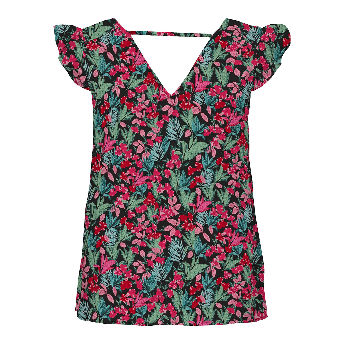 Blouse imprimée, col V imprimé fond noir, ONLY