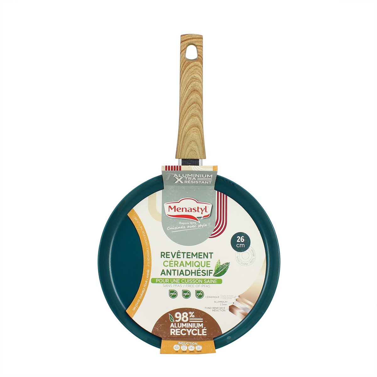 Crêpière 26cm en aluminium recyclé, COLORAMA bleu canard, MENASTYL