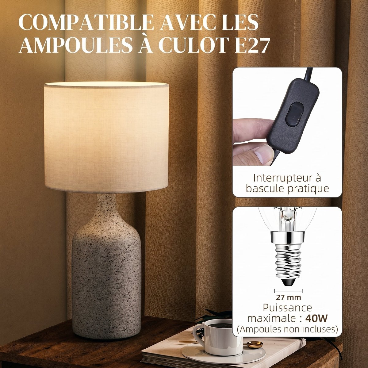 Lampe de table Céramique Sable, Blanc sable et blanc, HOMCOM