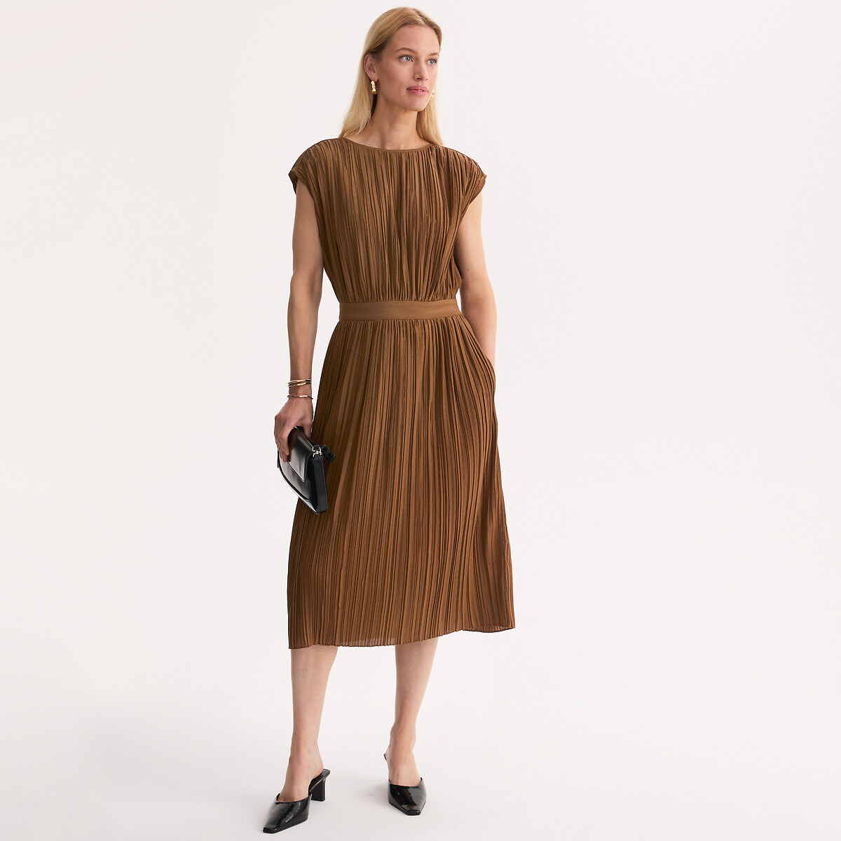 Robe plissée longueur midi sans manches bronze, ANNE WEYBURN