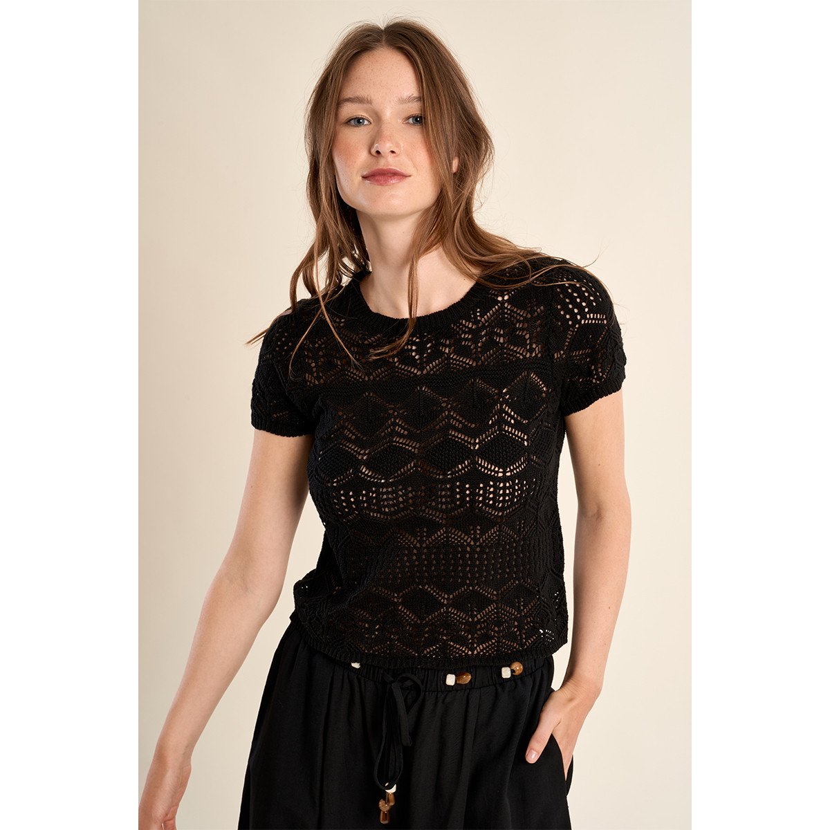 Maille manches courtes en crochet noir, MOLLY BRACKEN