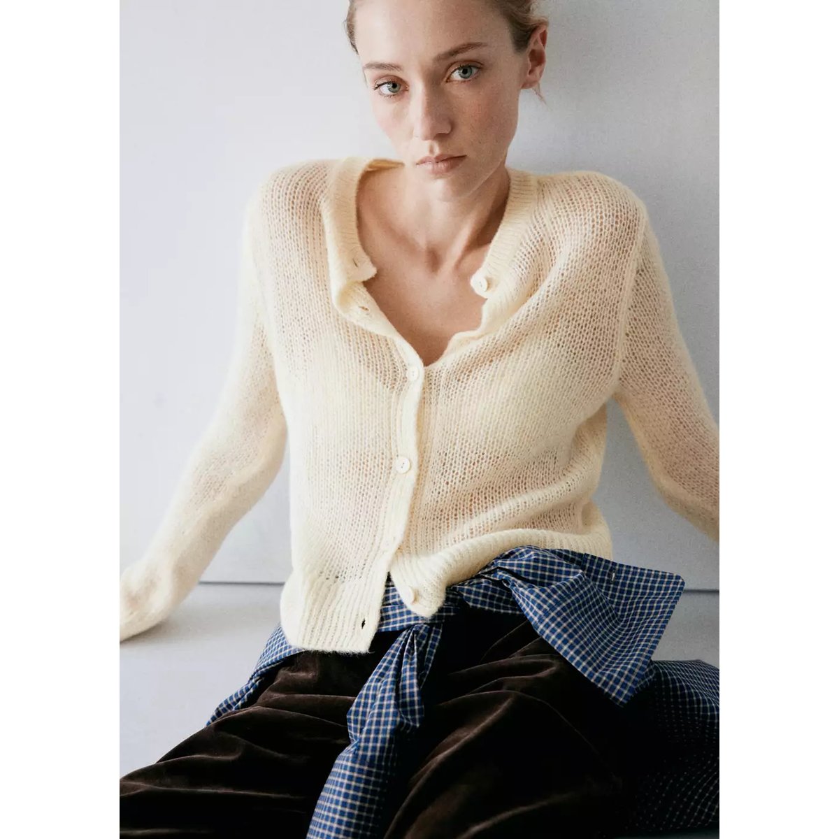 Cardigan maille ajourée écru, MANGO