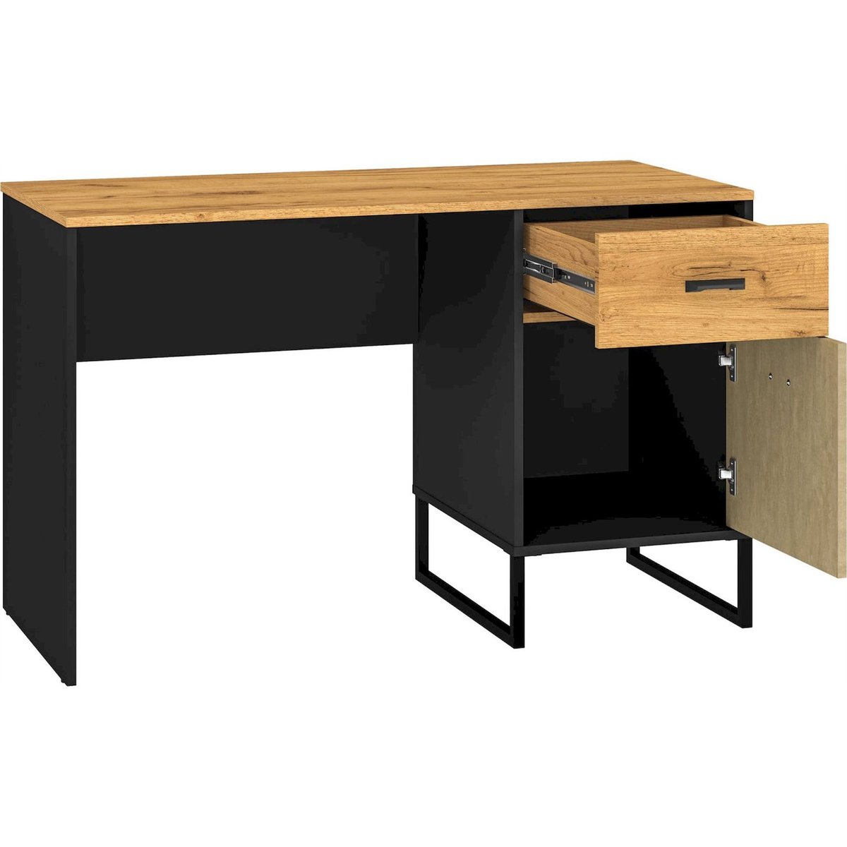 Bureau ado industriel avec rangement chêne craft doré noir et acier, RECOLLECTION