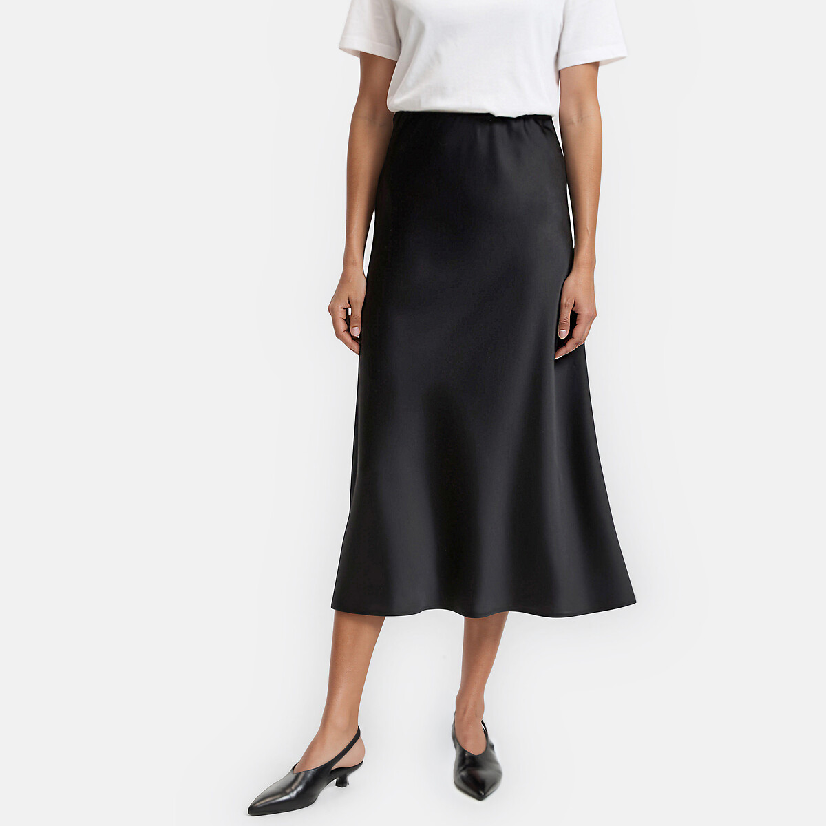 Jupe midi évasée en satin mat à taille élastiquée noir, LA REDOUTE COLLECTIONS