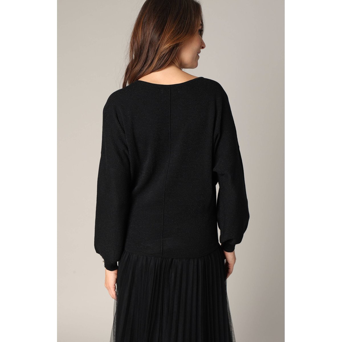 Pull col v féminin, coupe chemisier KIARA noir, DEELUXE