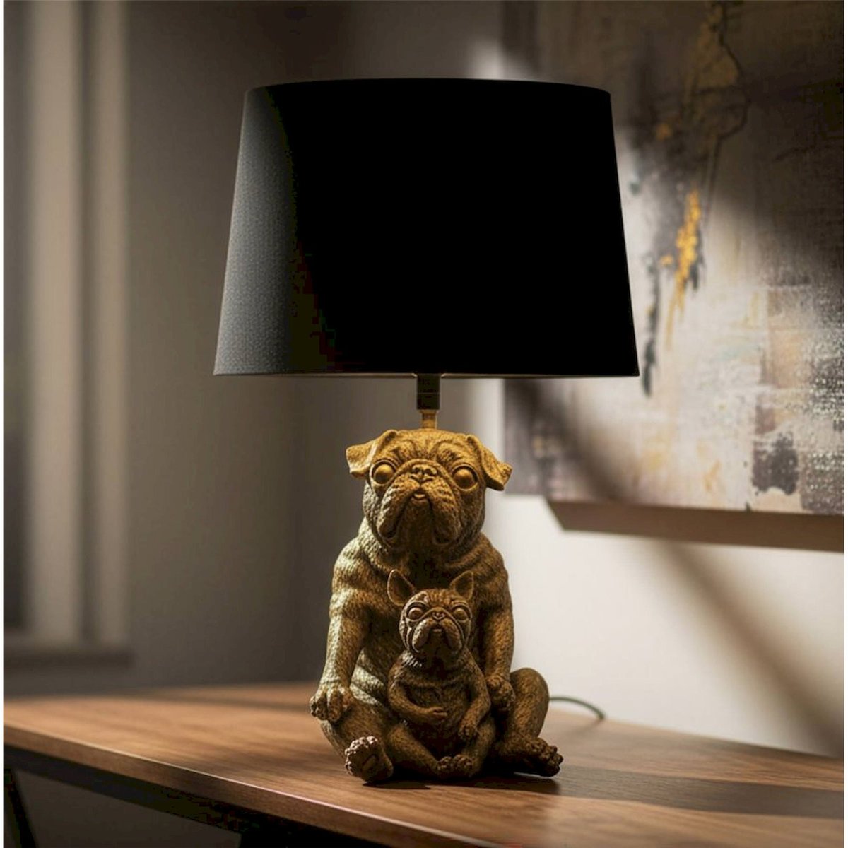 Lampe à poser duo de chiens sculptés MODERN doré et noir, RECOLLECTION
