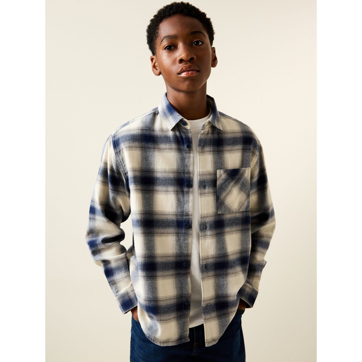 Chemise manches longues en coton à carreaux bleu/écru, NEXT