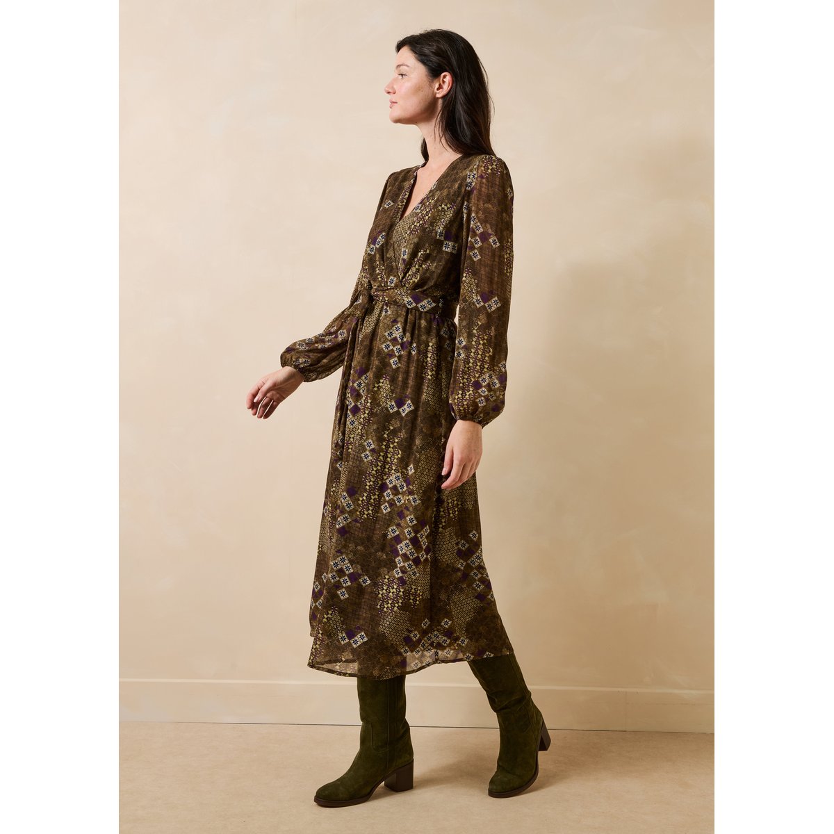 Robe longue cache-cœur imprimé manches longues olive/cassis, LA FEE MARABOUTEE
