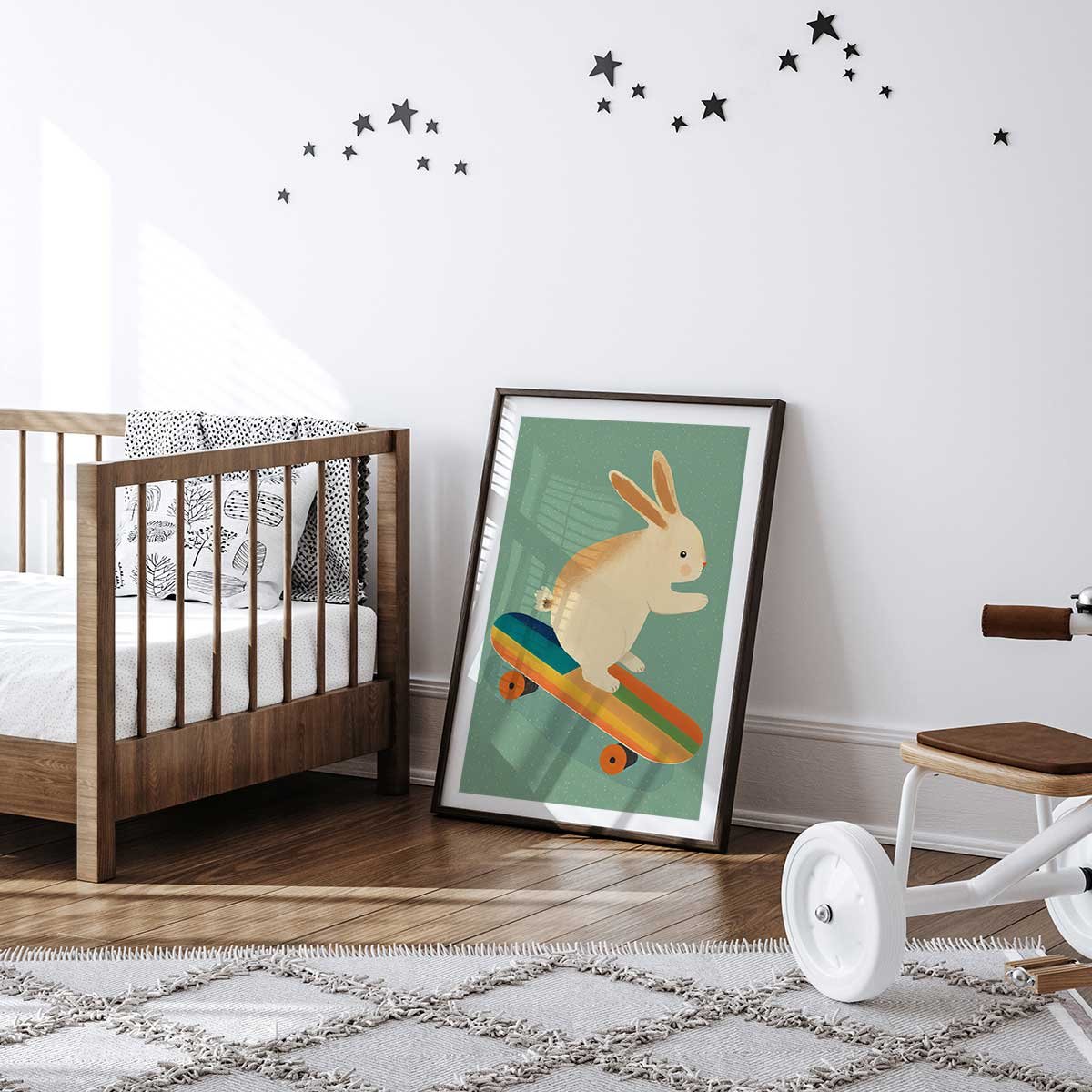 Affiche enfant lapin sur skateboard affiche seule, HEXOA