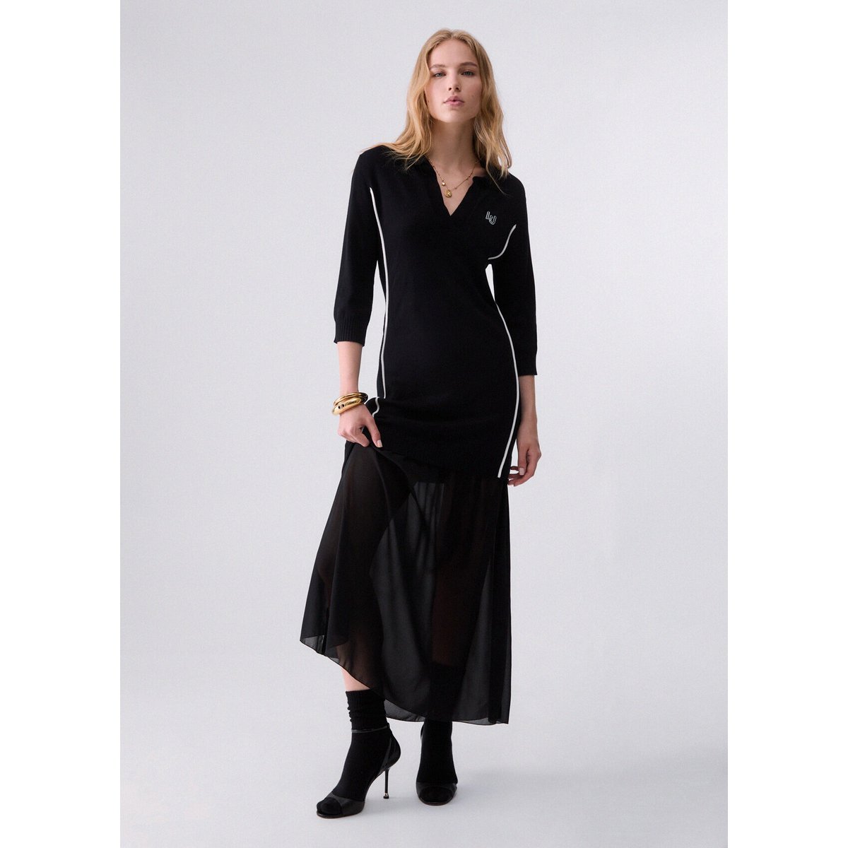 Robe en maille avec insert en georgette noir, LIU JO