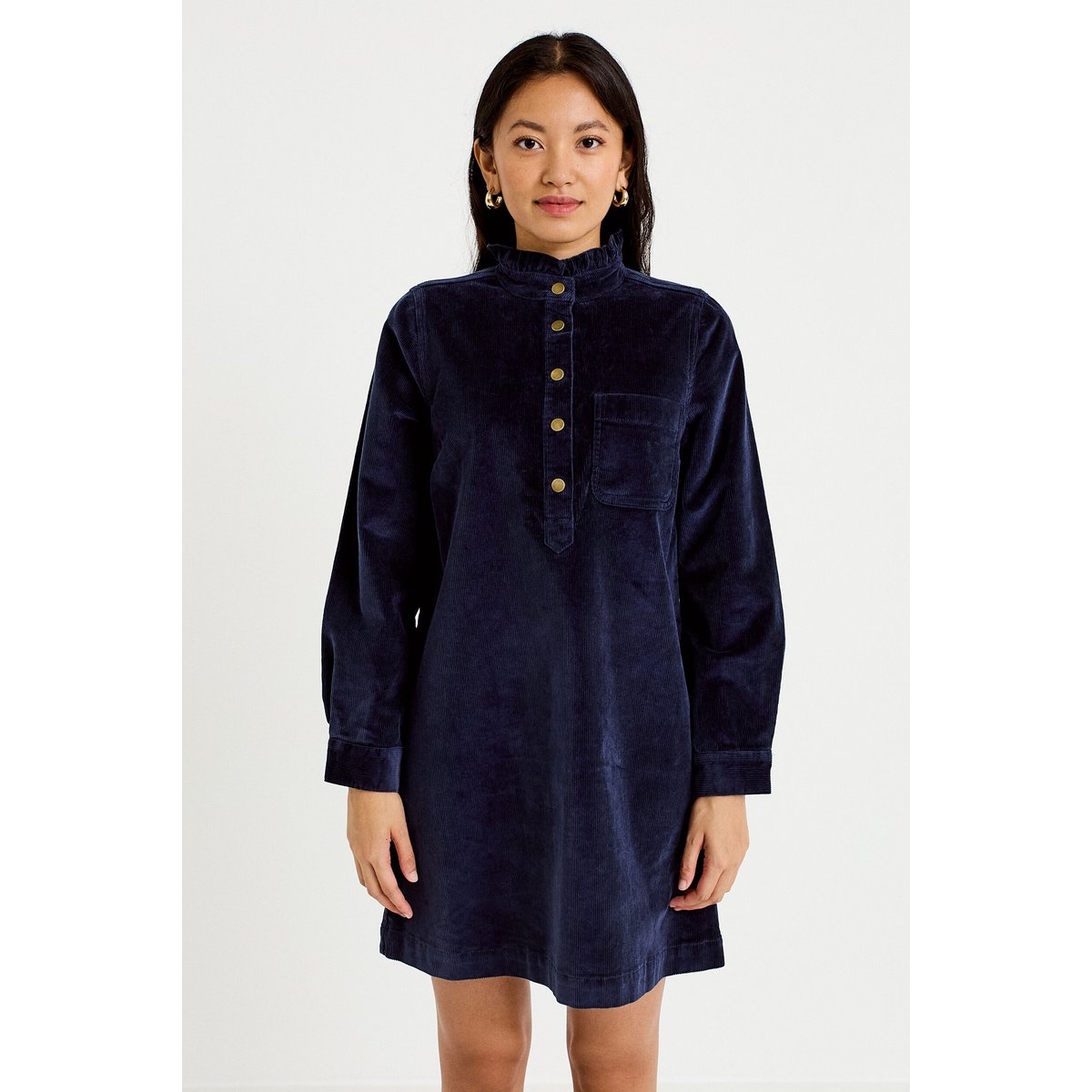 Robe évasée velours col montant bleu marine, CACHE CACHE