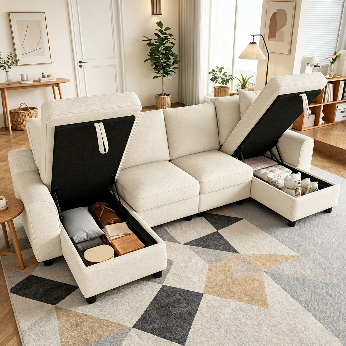 Canapé d'angle U coffre de rangement en chenille, VASEC beige, MEUBLES COSY