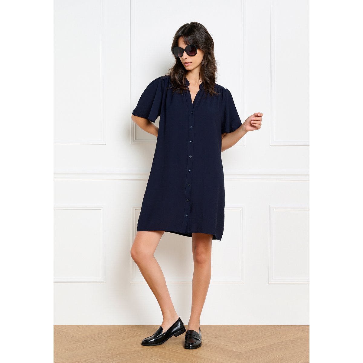 Robe chemise fluide manches papillon bleu marine, LOLALIZA