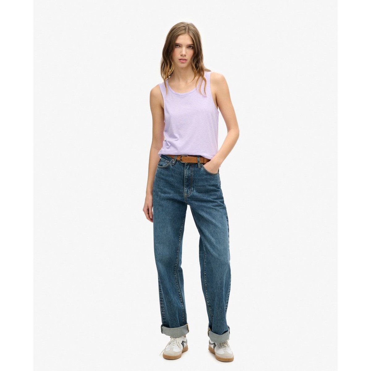 Débardeur décolleté rond, logo brodé violet lavande clair, SUPERDRY