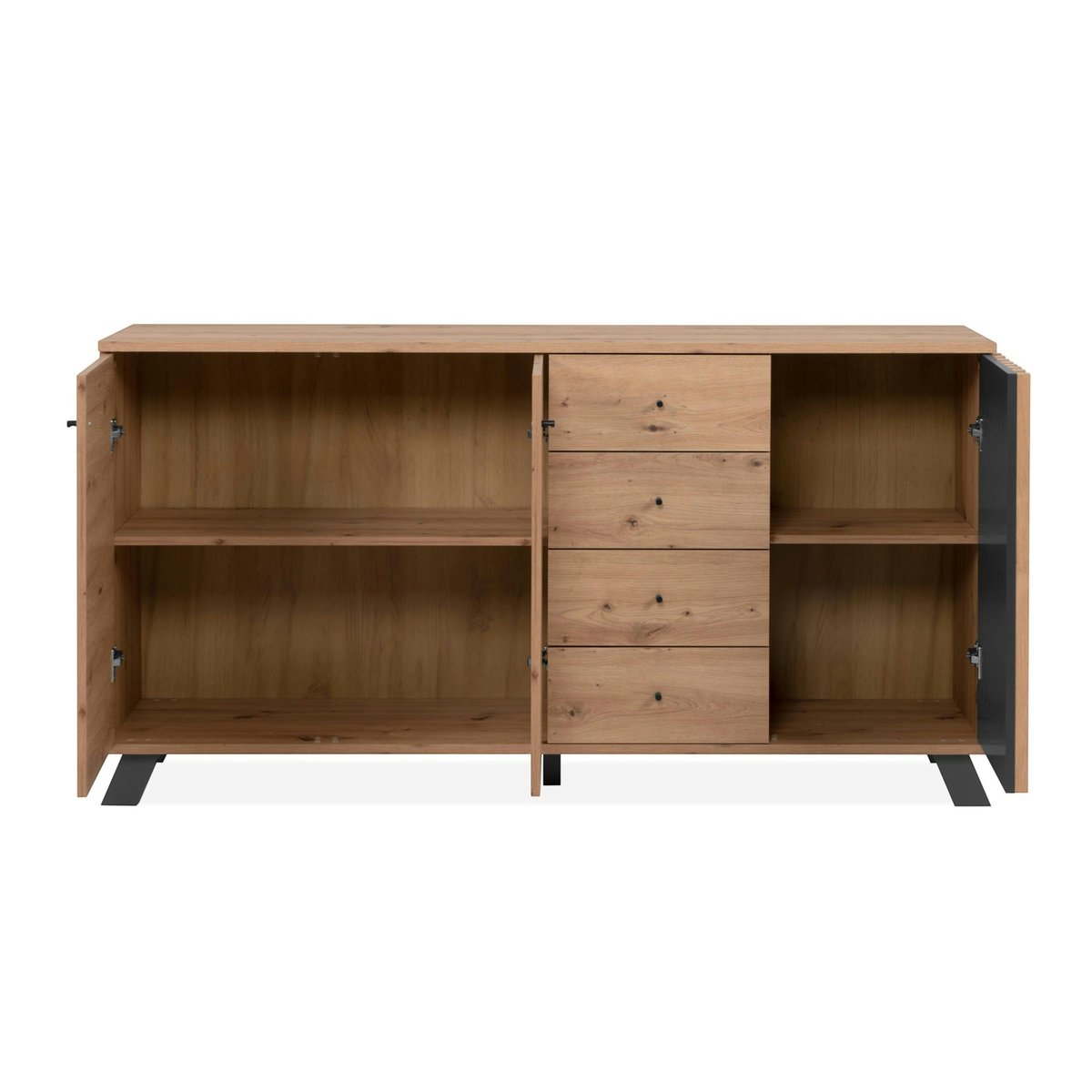 Buffet long moderne 1 porte noire rainurée 160 cm ALVA bois naturel, PIER IMPORT