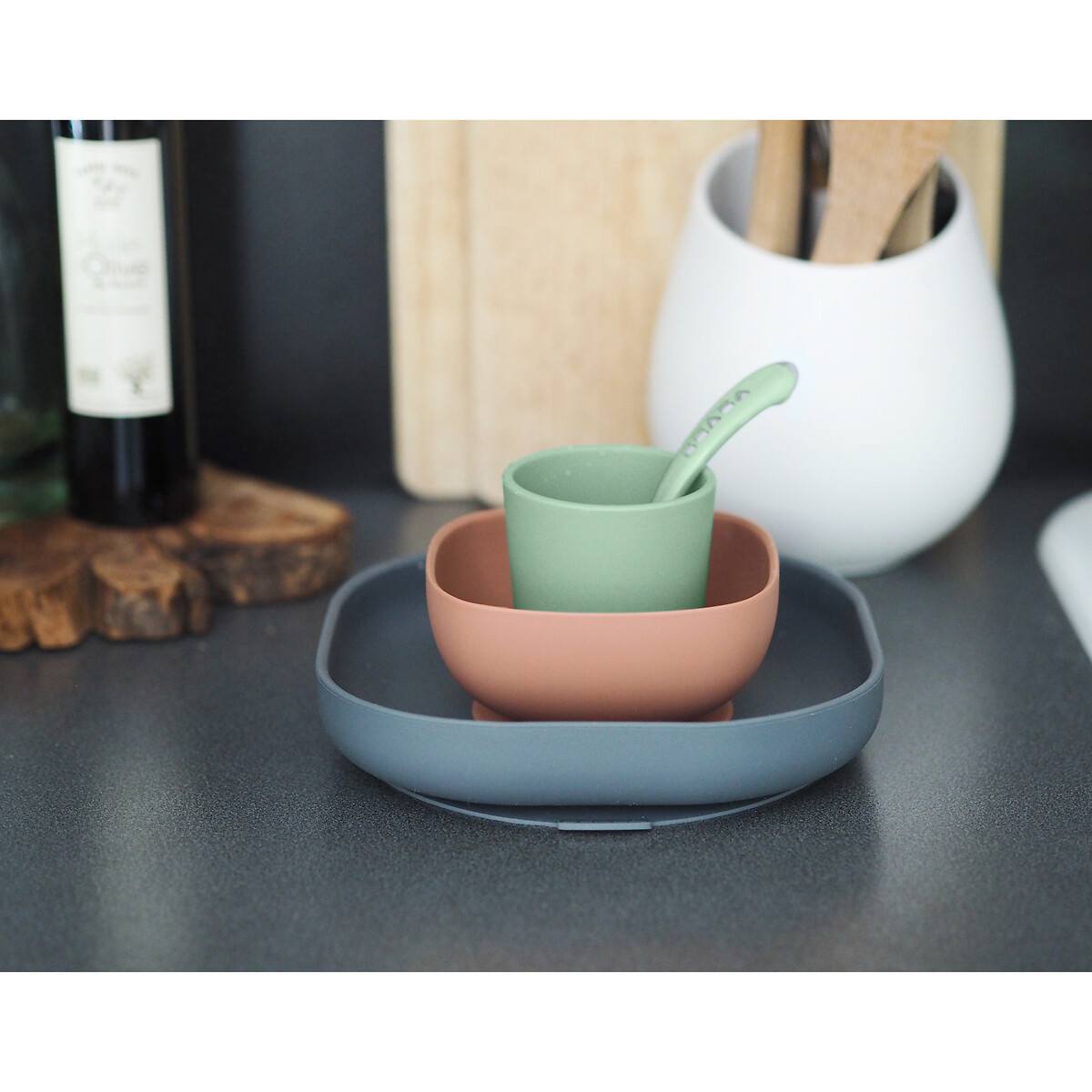 Coffret repas bébé 4 pièces en silicone gris minéral, BEABA