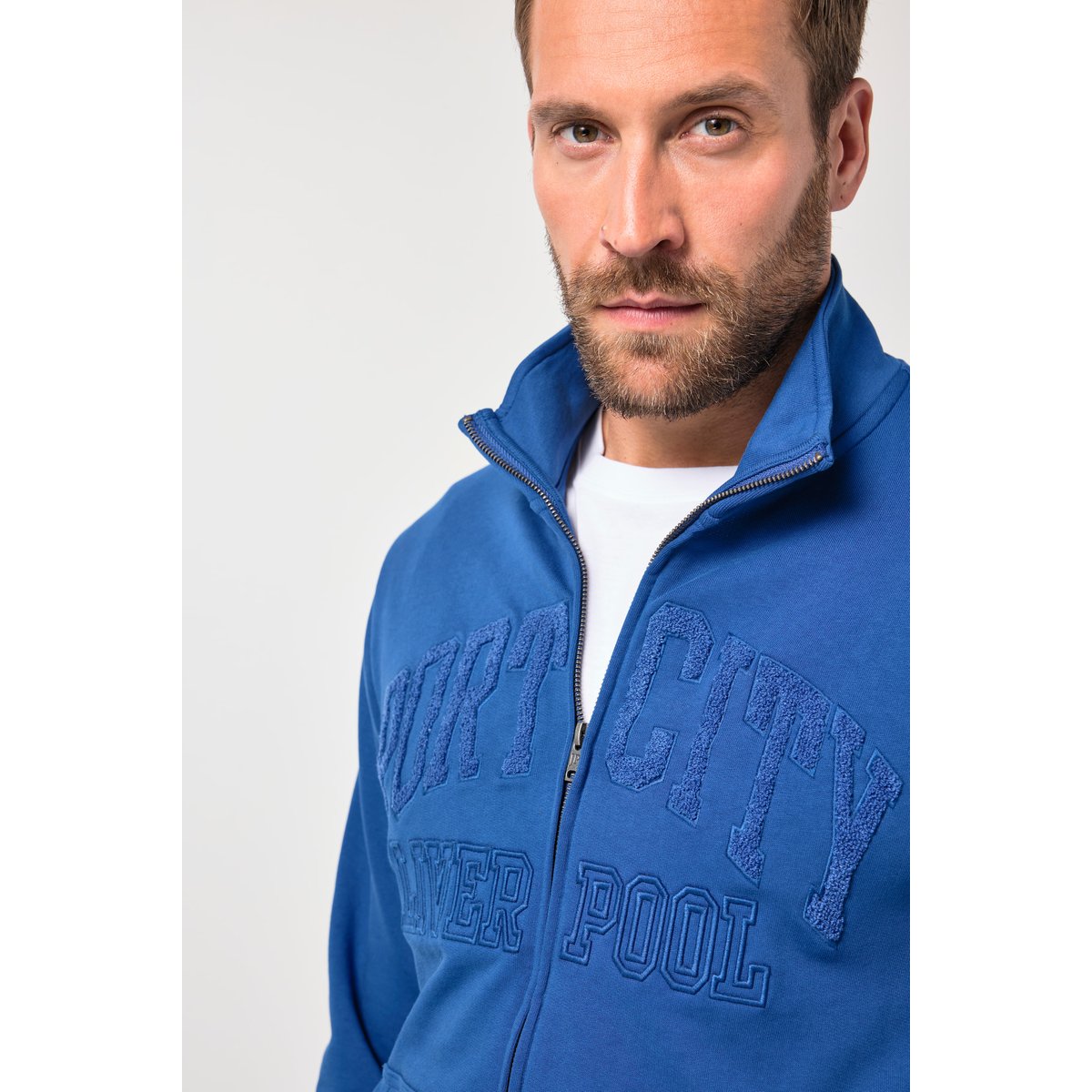 Veste en molleton, col montant et flocages jeans bleu, JP1880