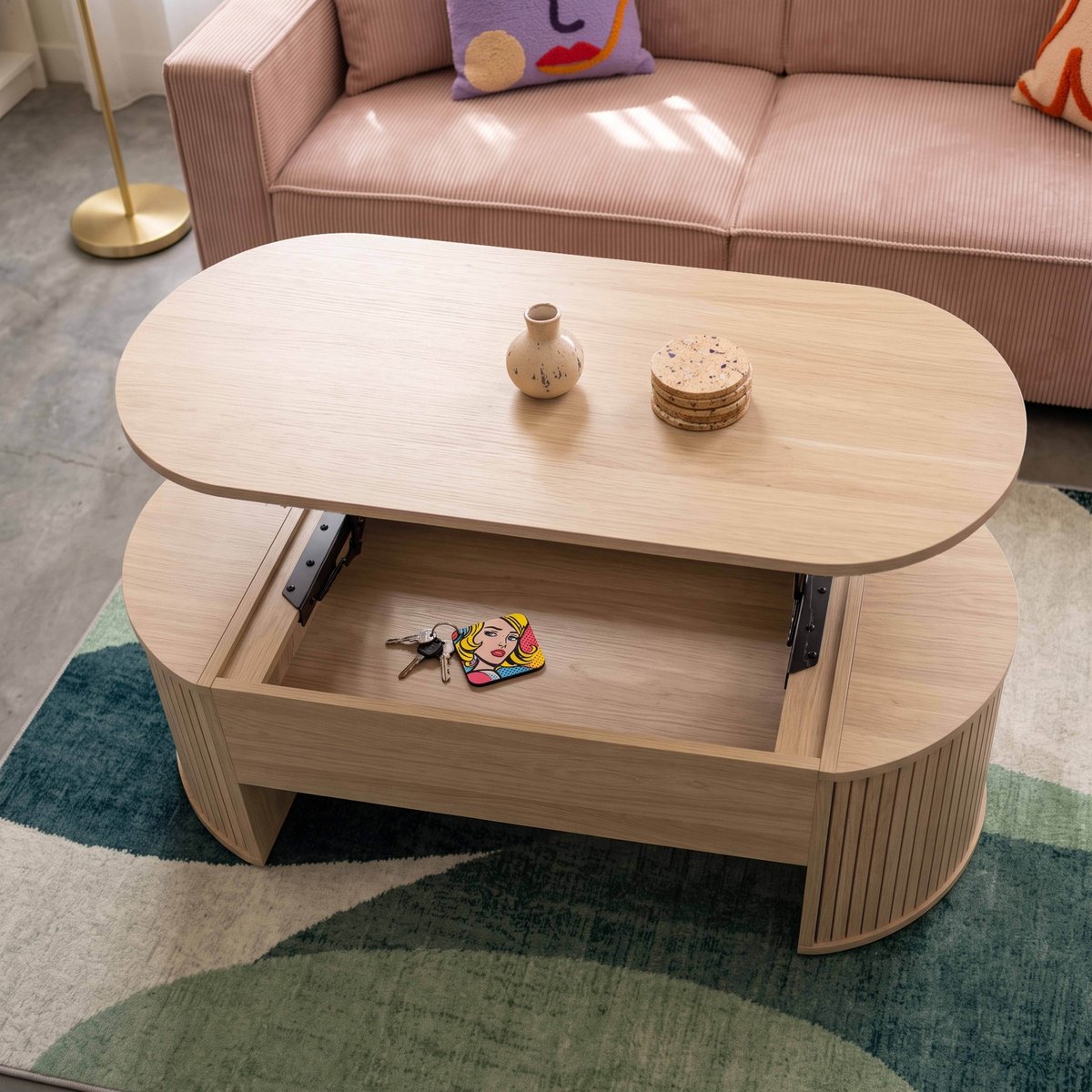 Table basse plateau relevable ovale en mélaminé effet bois 120x60 cm, GABY bois clair, OVIALA