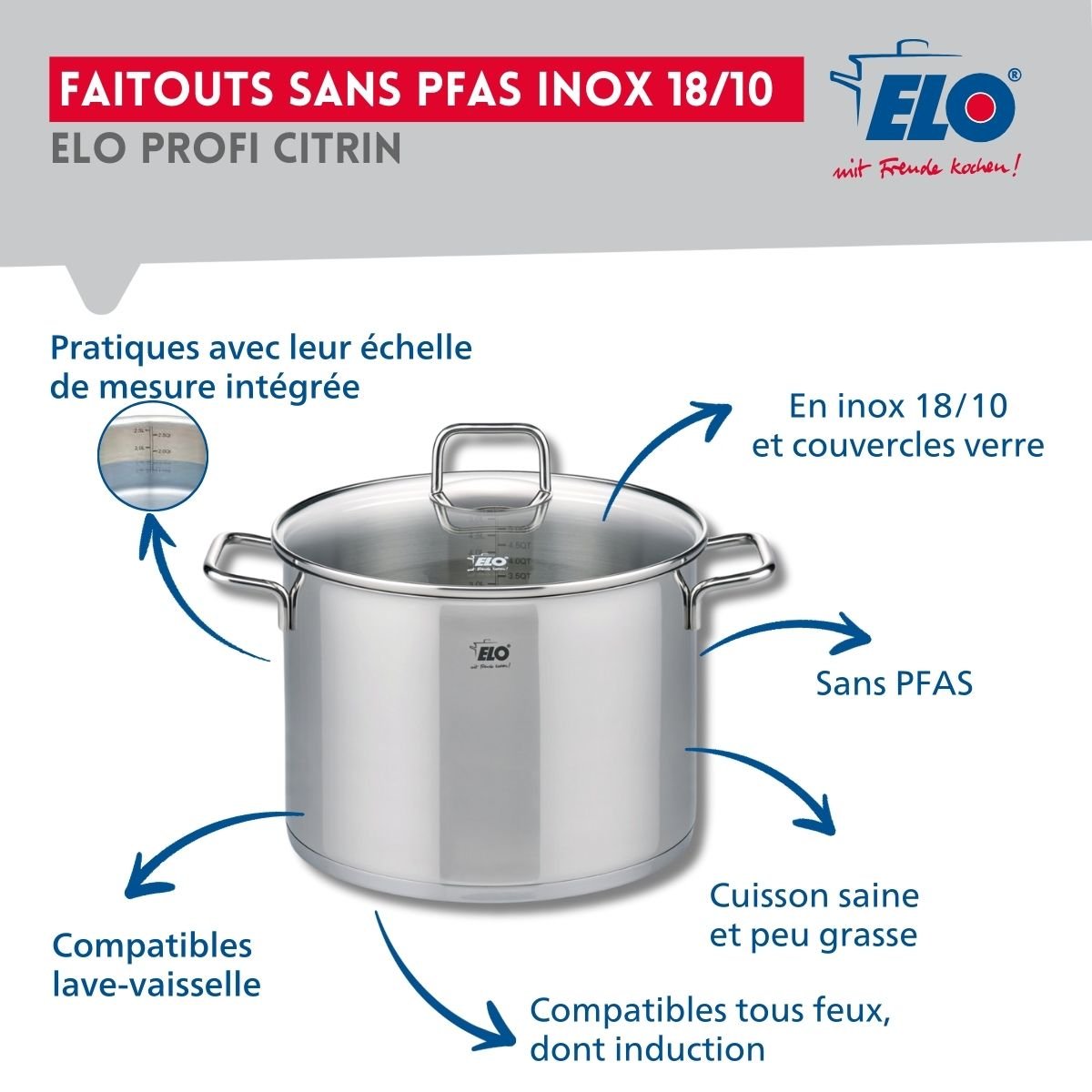 Batterie 2 poêles 28/32cm + 1 faitout 26cm PROFI CITRIN inox, ELO