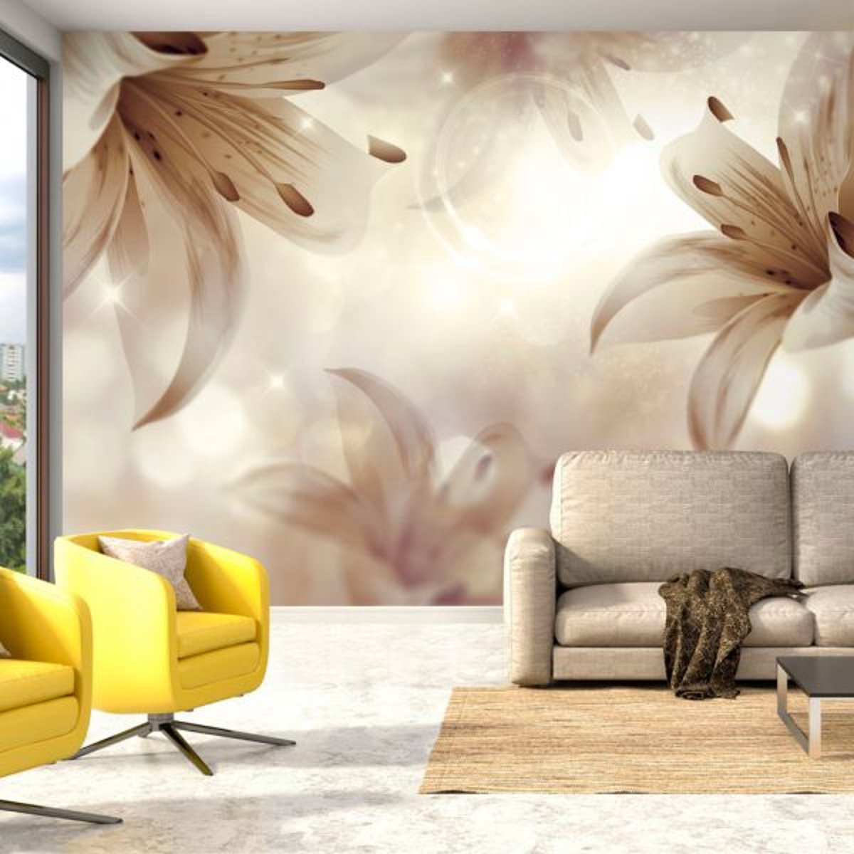 Papier peint intissé panoramique Fleurs Gentle Symphony beige, EDEN