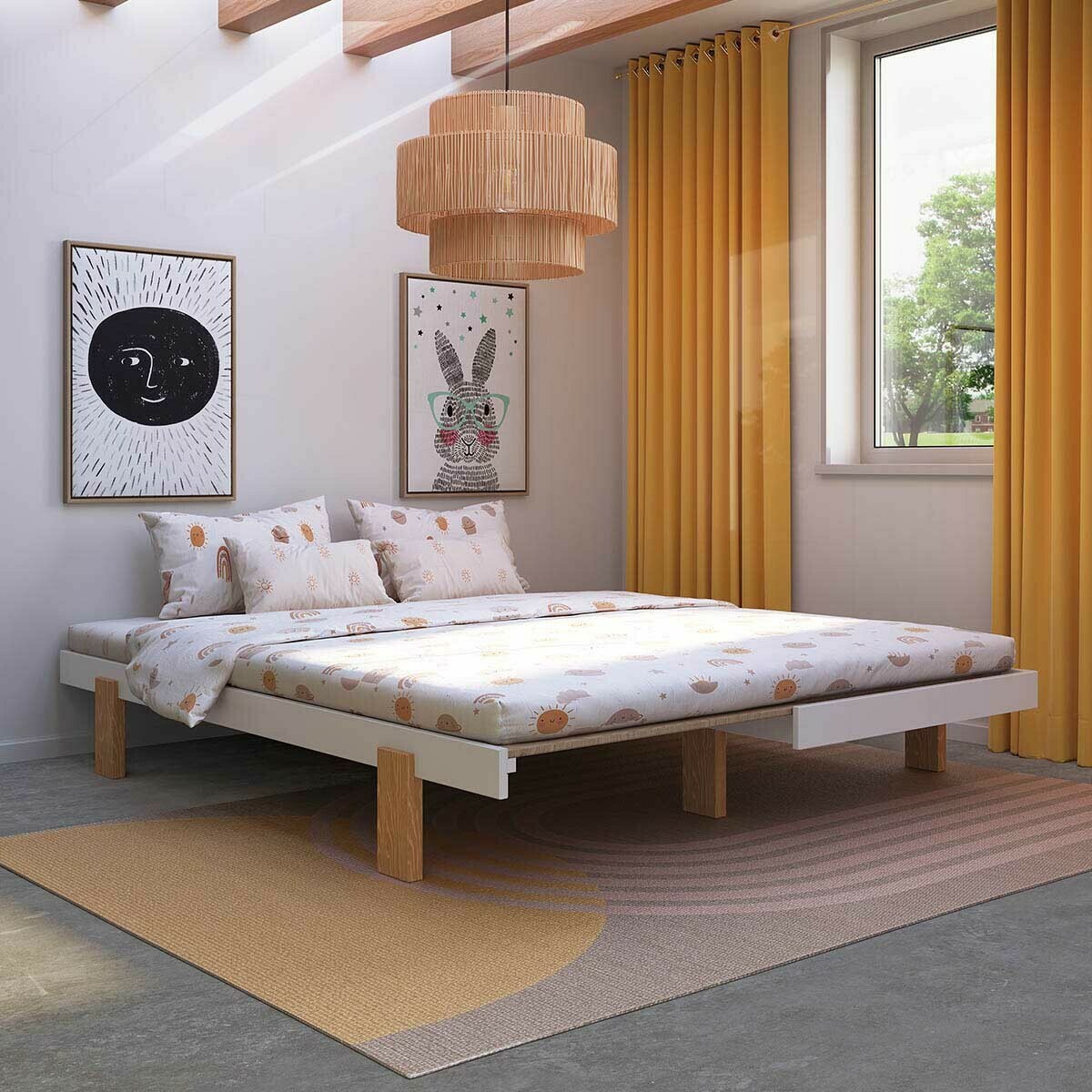 Pack lit gigogne avec matelas Bois massif SENA blanc et bois, AKITEN RETAIL