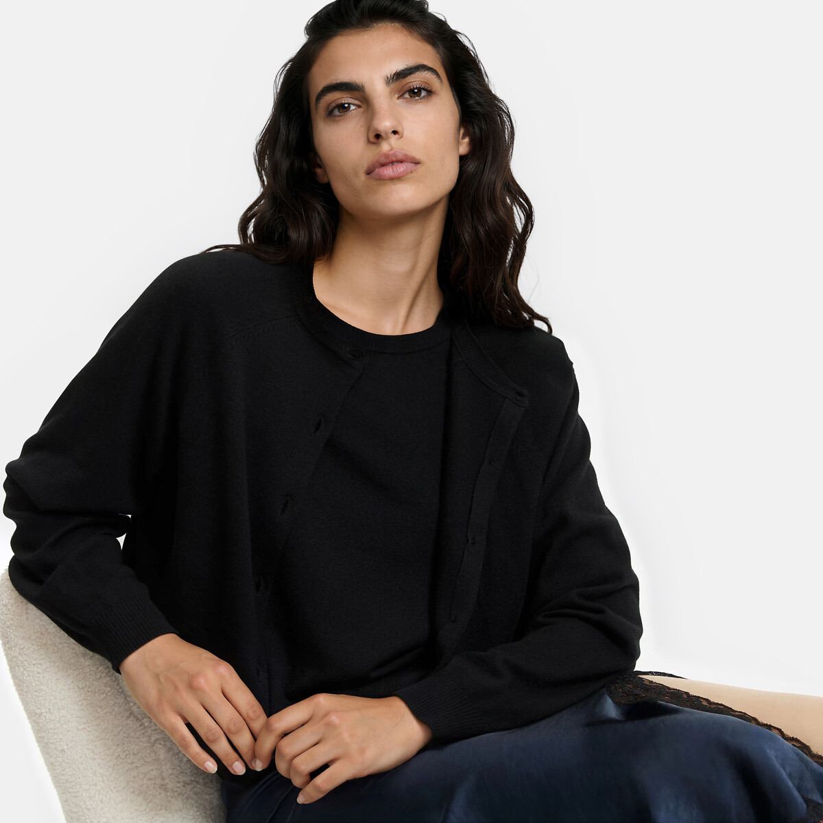 Cardigan a girocollo in maglia fine in 100% lana nero , LA REDOUTE COLLECTIONS