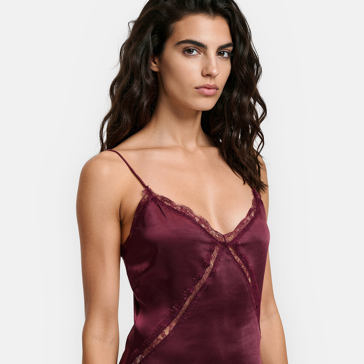 Vestido comprido de cetim com alças finas e renda bordeaux, LA REDOUTE COLLECTIONS
