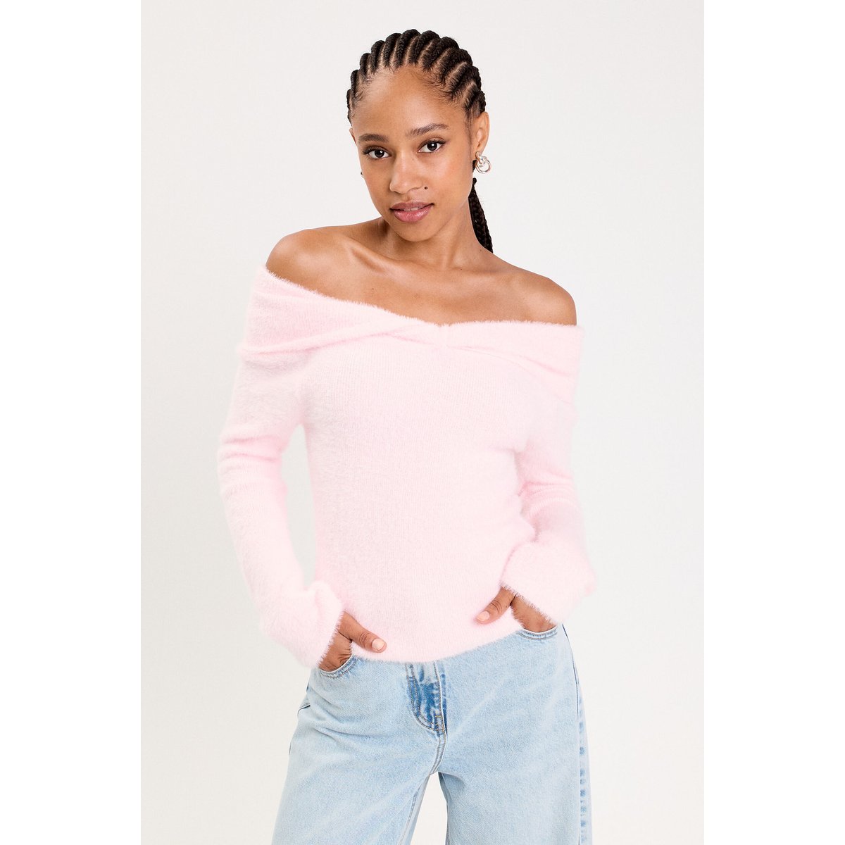Pull ajusté col bardot manches longues rose clair, CACHE CACHE