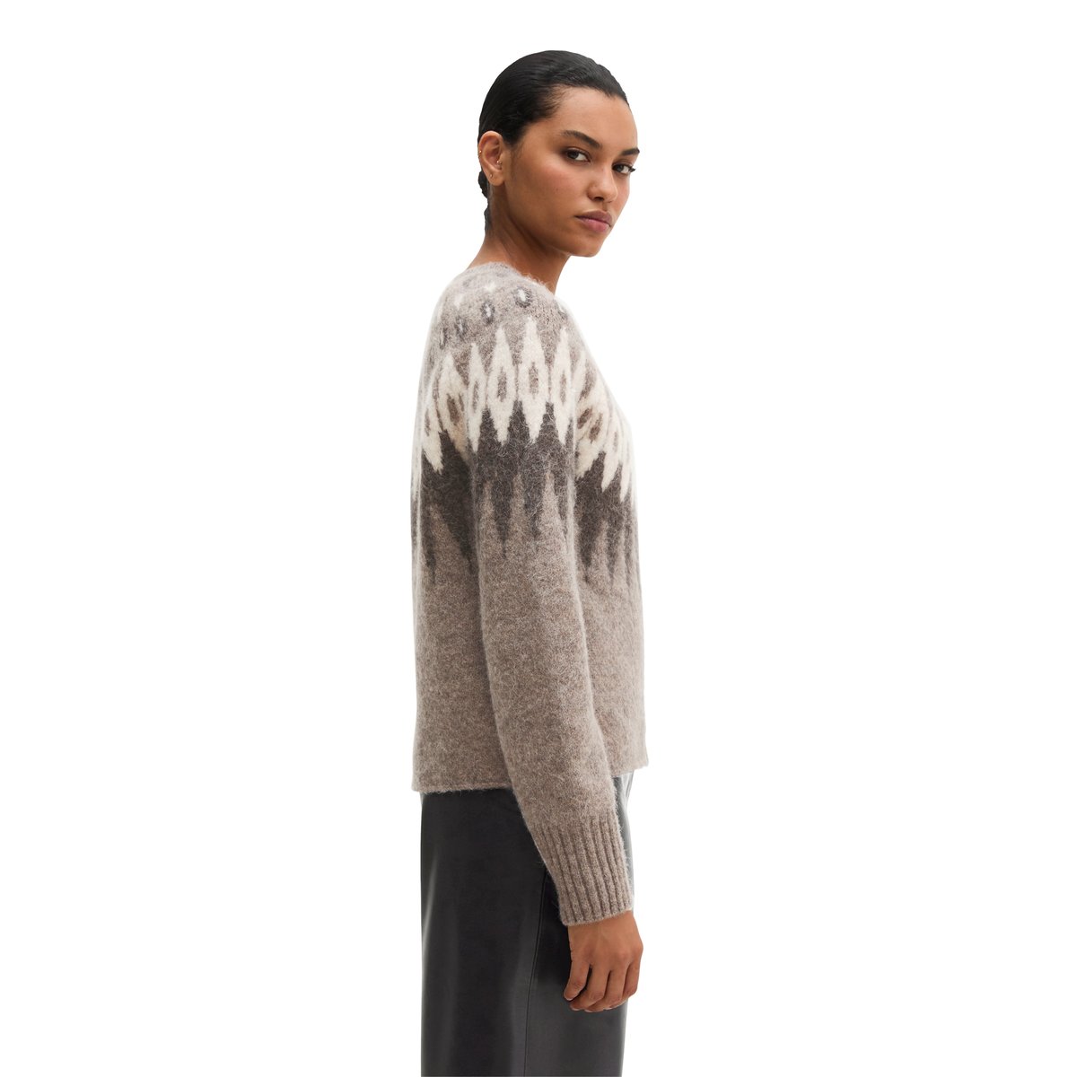 Cardigan jacquard ajusté en un mélange douillet de laine et de laine d'alpaga marron, MARC O'POLO