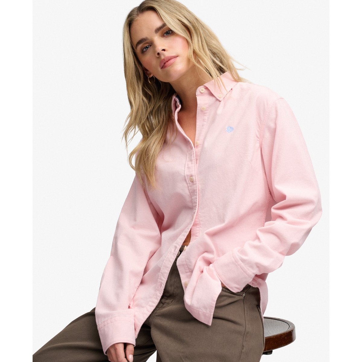 Chemise à manches longues en velours côtelé rose craie, SUPERDRY