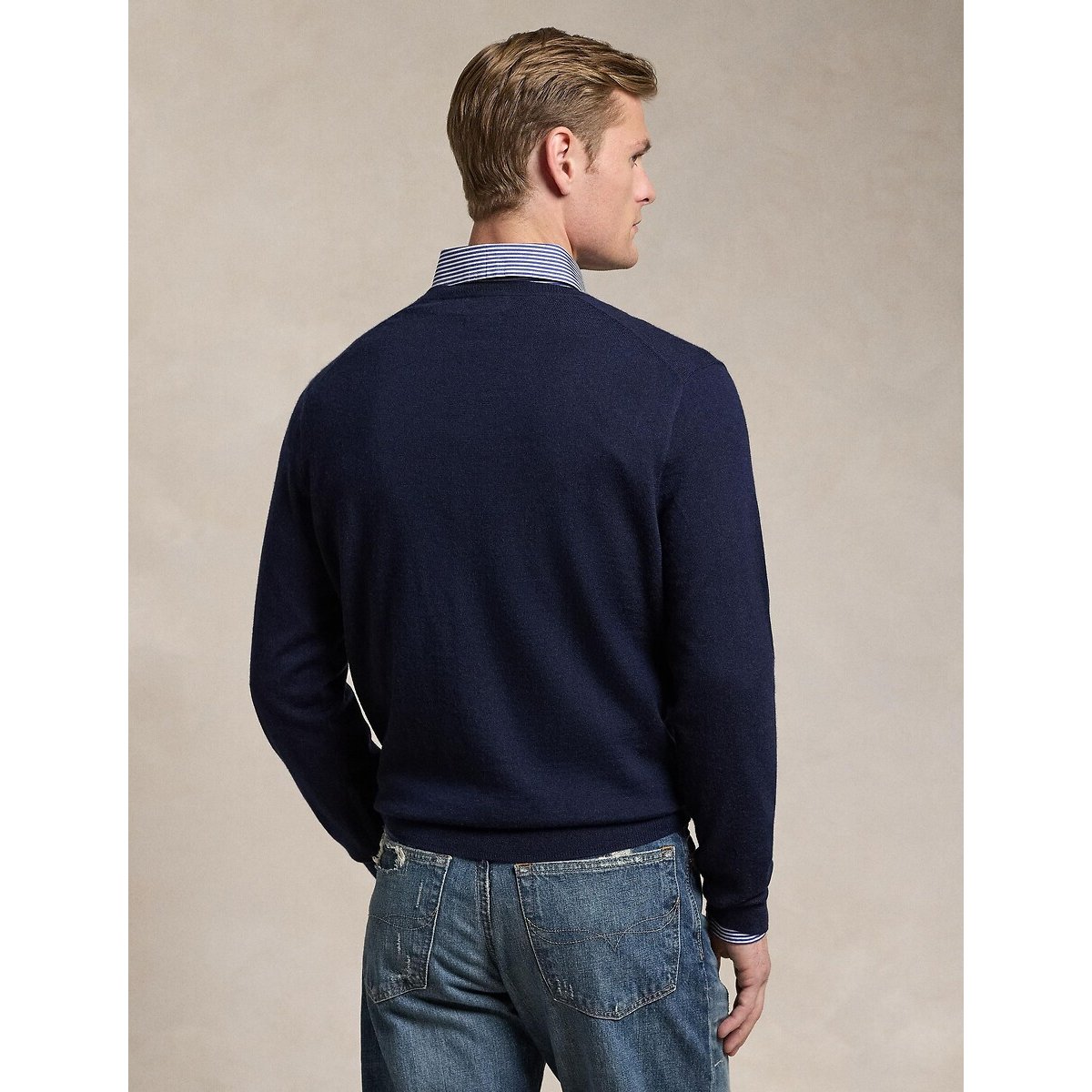 Maglione in lana scollo a v in maglia grossa blu marino, POLO RALPH LAUREN