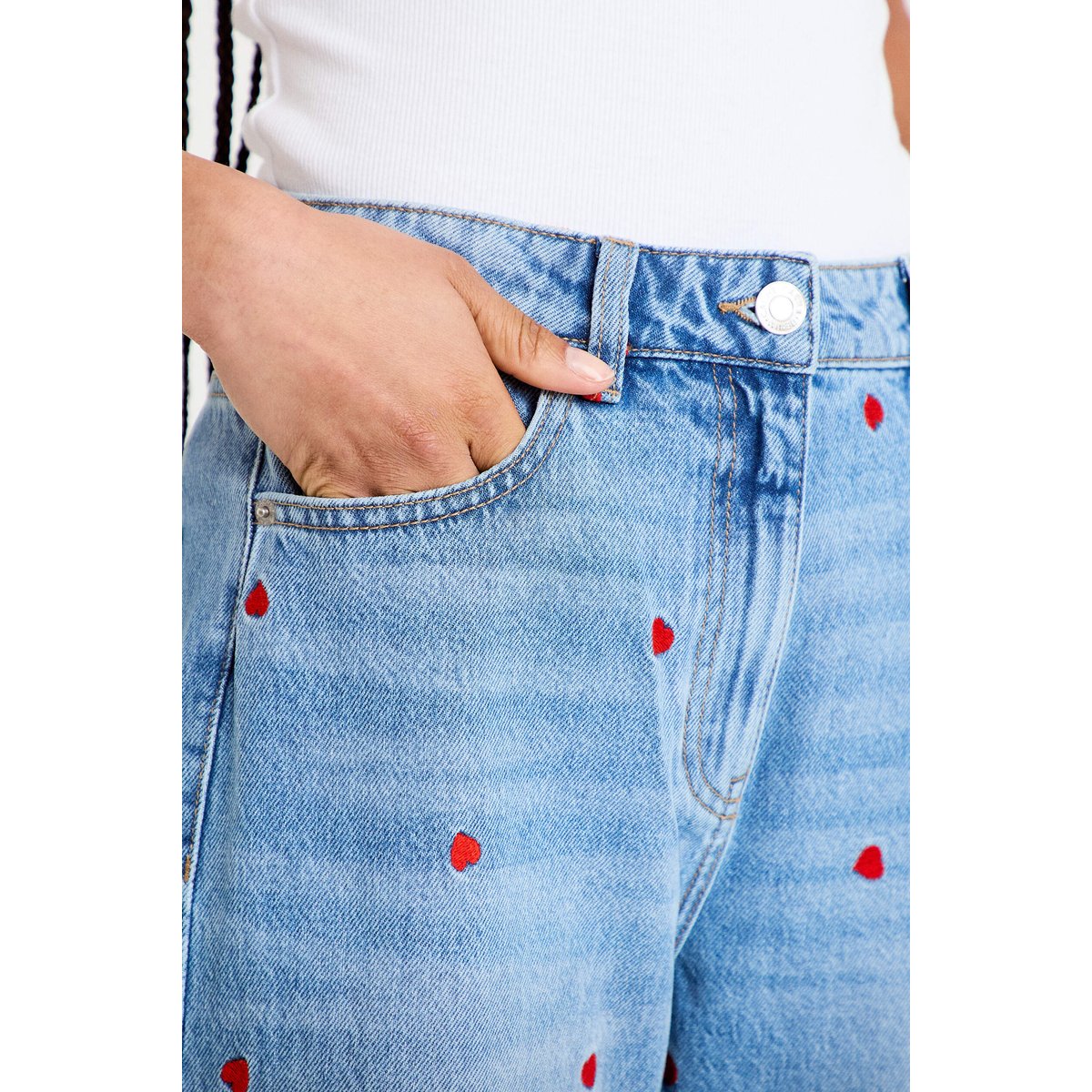 Jean wide leg taille haute brodé denim double stone, CACHE CACHE