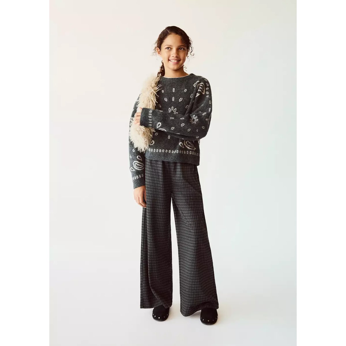 Pantalon wide leg à carreaux gris anthracite, MANGO KIDS