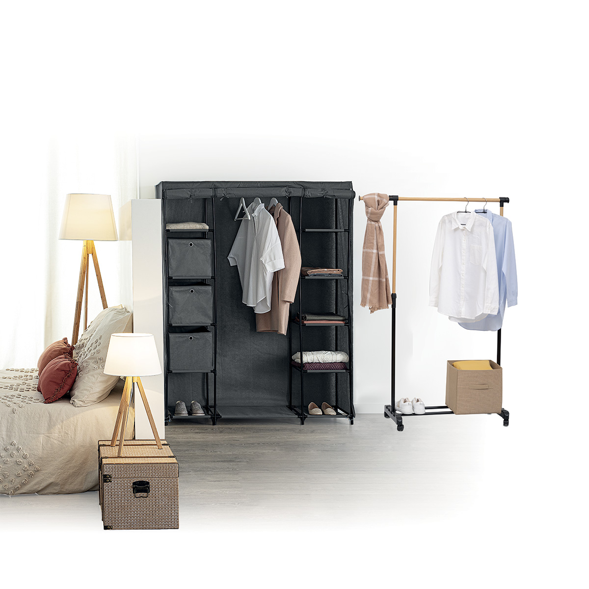 Portant à vêtements extensible effet bois WOODY noir, 5FIVE SIMPLY SMART