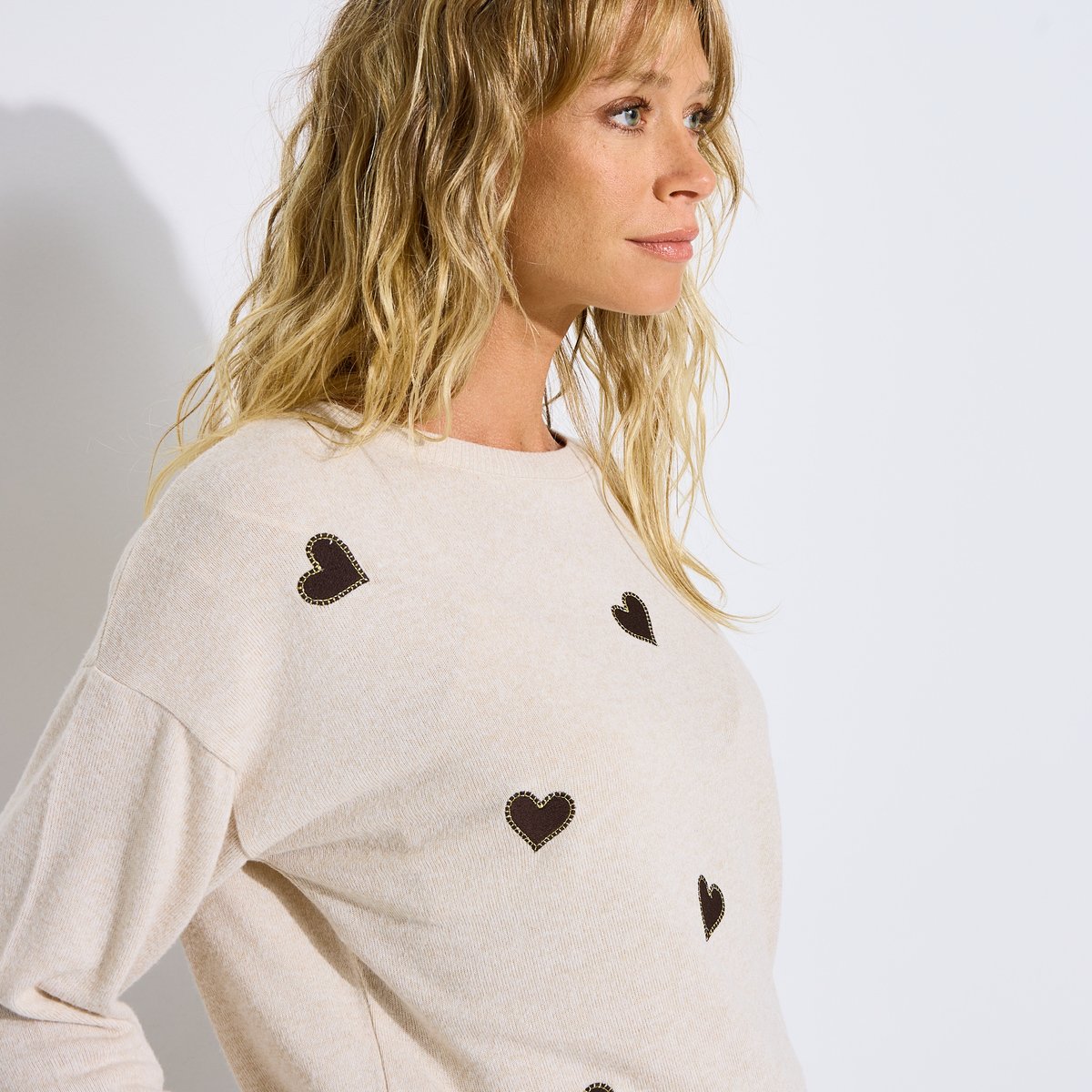 T-shirt motifs cœurs beige, GRAIN DE MALICE