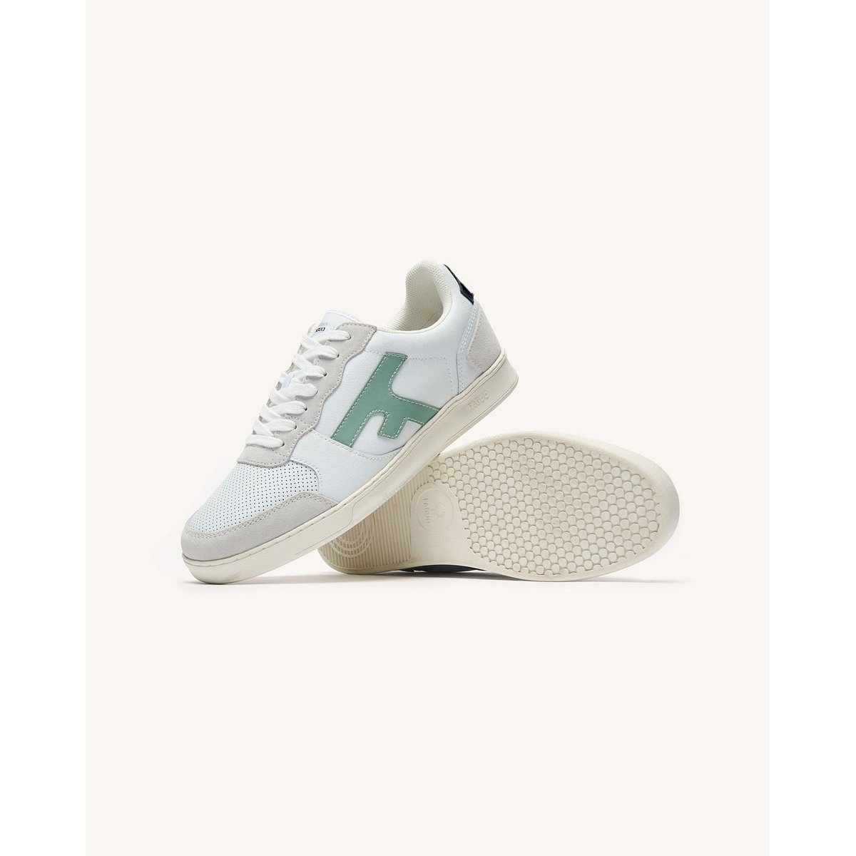 Baskets basses cuir suede HAZEL blanc et lichen et bleu marine, FAGUO