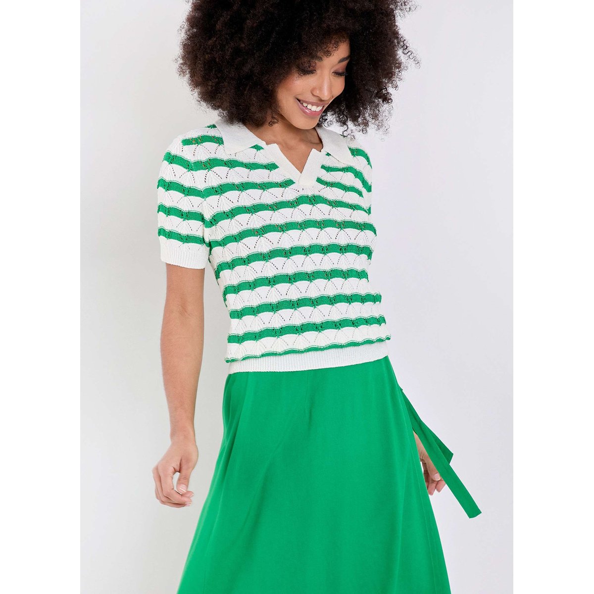 Polo maille fantaisie à rayures BLANCHE vert et blanc, PRINCESSE NOMADE
