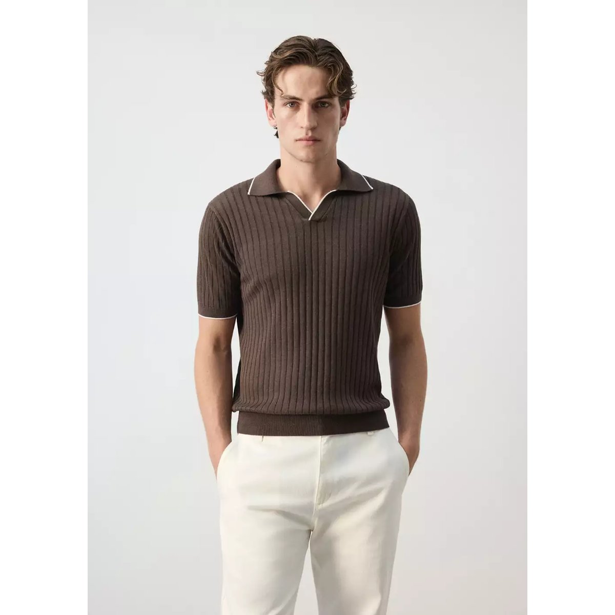Polo côtelé en mélange de lin et lyocell marron, MANGO MAN