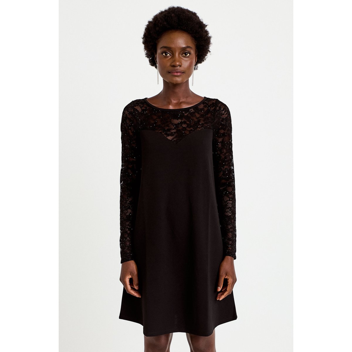 Robe bi-matière courte col rond noir, CACHE CACHE