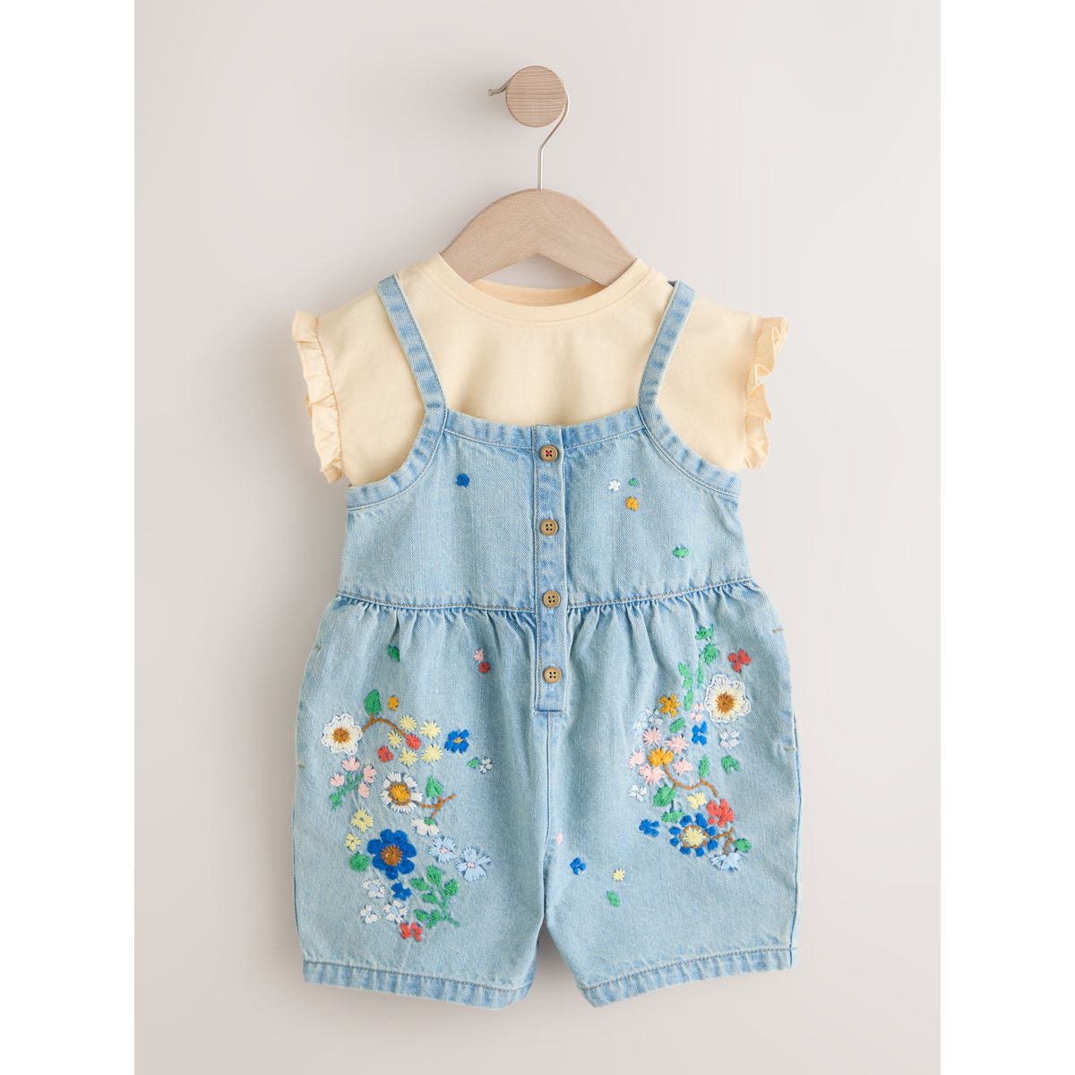 T-shirt et combi-short en jean à fleurs bleu moyen, NEXT